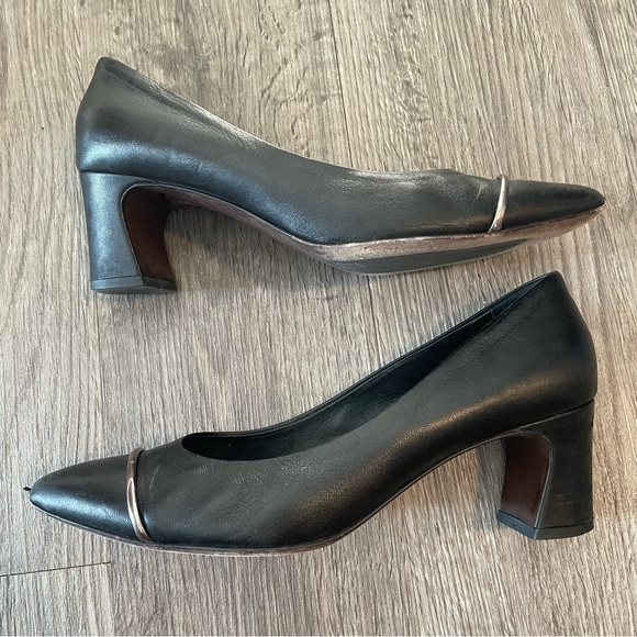 AGL Black Leather Silver Accent Pointed Toe Block Heels - Picture 2 of 11